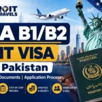 USA B1/B2 Visit Visa from Pakistan with Adroit Travels logo, Statue of Liberty and Pakistani passport