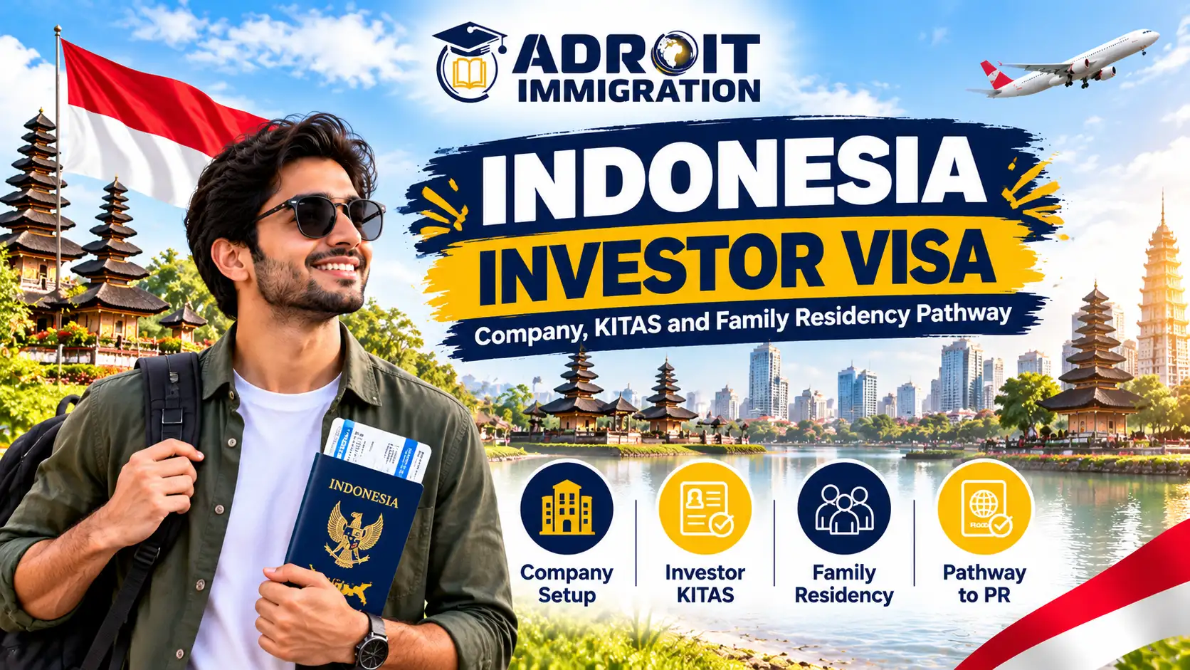Indonesia Investor Visa guide featuring company setup, Investor KITAS, family residency, and Adroit Immigration