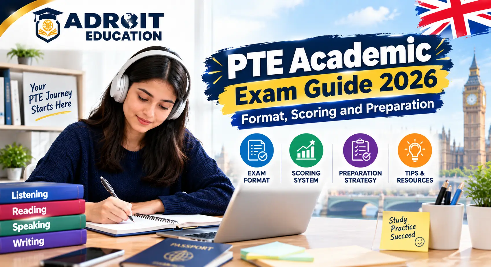 PTE Academic exam guide showing test format, scoring information and preparation steps for 2026