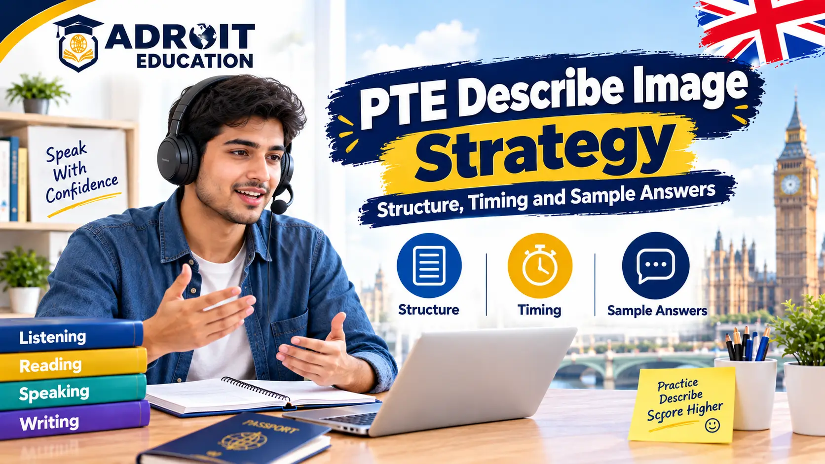 PTE Describe Image strategy with a male student practicing speaking skills