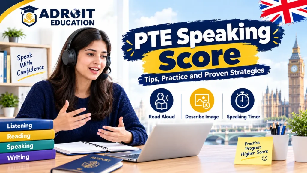 PTE speaking score guide with a student practising speaking in London, with headphones, a laptop, and study materials