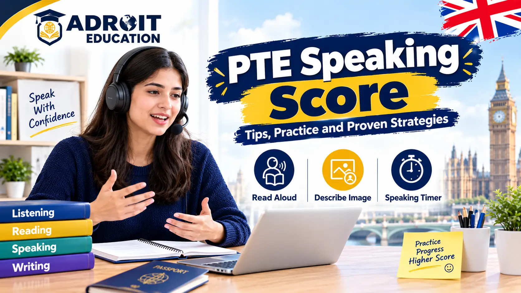 PTE speaking score guide with a student practising speaking in London, with headphones, a laptop, and study materials